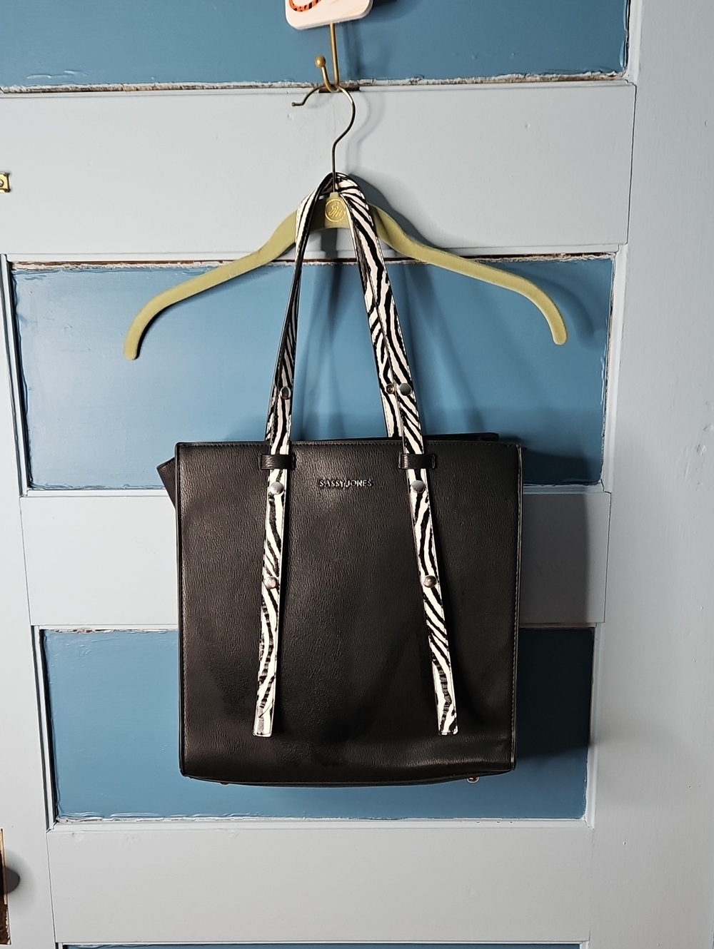 🌸Sassy Jones Black Structured Tote with Zebra Strap Detail